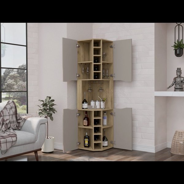 Obregon Corner Bar Cabinet, Ten Built-in Wine Rack, Single Door, Aged Oak/Taupe, Tuhome, Mfr#: BMT7767